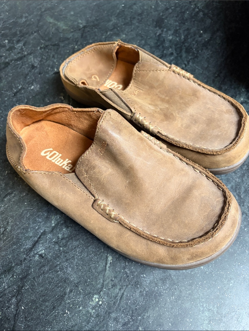 OluKai Kids Brown Leather Slip-On Moccasin Loafers